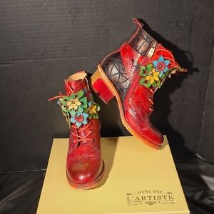 L'Artiste by Spring Step Leather Booties - Groovie Groove Red Floral Ankle Boots